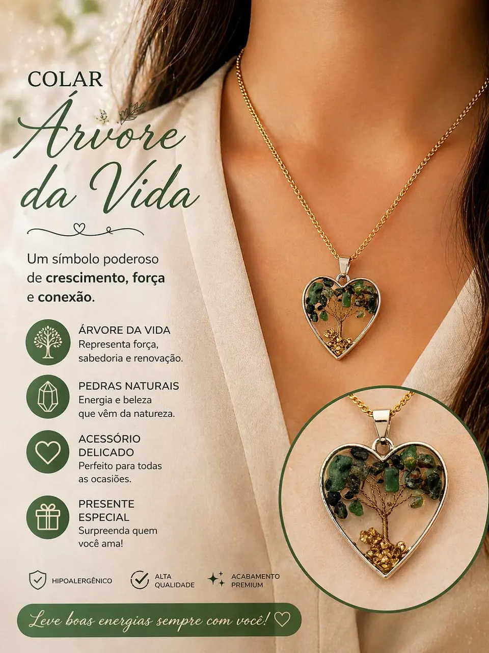 🌿💚 Colar Coração com Árvore da Vida e Pedras Naturais – Equilíbrio e Proteção 💚🌿 1