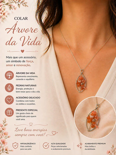 🌳🧡 Colar Árvore da Vida com Pedras Alaranjadas – Vitalidade e Força Interior 🧡🌳