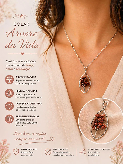 🌳❤️ Colar Árvore da Vida com Pedras Vermelhas – Força e Proteção ❤️🌳