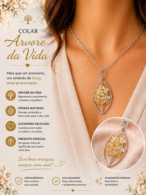 🌳💛 Colar Árvore da Vida com Pedras Amarelas – Luz e Prosperidade 💛🌳
