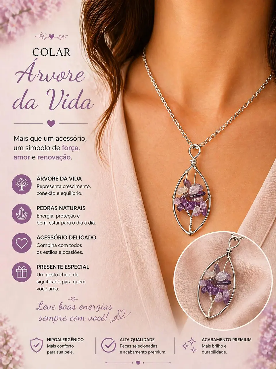 🌳💜 Colar Árvore da Vida com Pedras Lilases – Proteção e Intuição 💜🌳 2