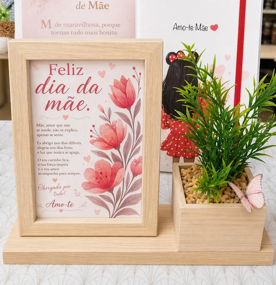 ✨ Moldura em madeira com mensagem emocionante 🌸 Ilustração floral suave e elegante 1