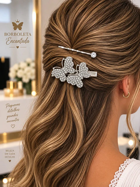 Conjunto de ganchos com borboletas e brilhantes, 