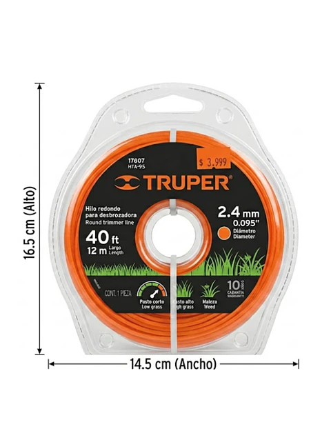Nylon orilladora para maleza grande 2,4 mm x 12 metros