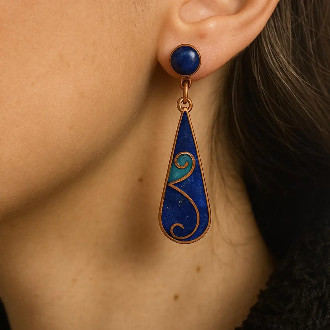 Aros cobre con piedra lapislazuri ( gancho de plata) 1