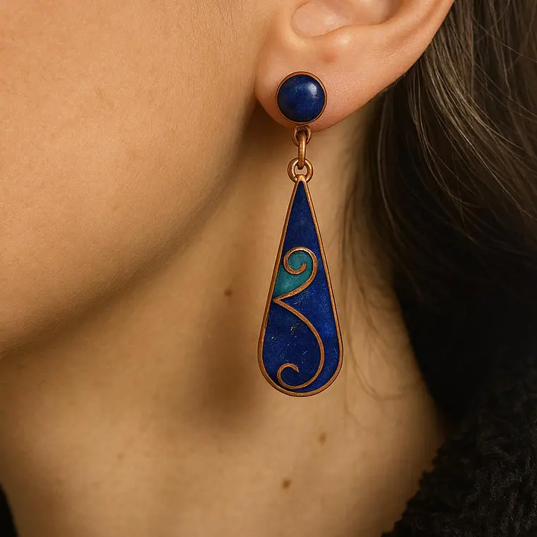 Aros cobre con piedra lapislazuri ( gancho de plata) 1