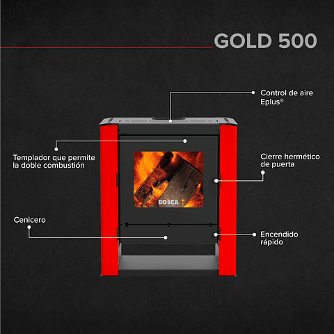 Pack Estufa a Leña Gold 500 Rojo + kit de Instalación de regalo