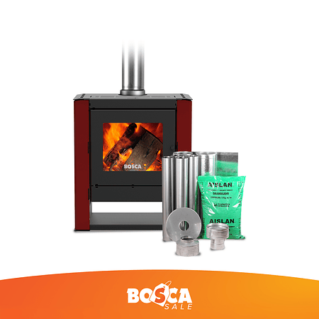 Pack Estufa a Leña Gold 500 Burdeo + kit de Instalación