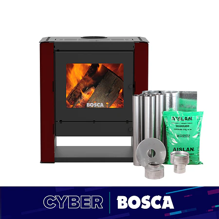 Pack Estufa a Leña Gold 500 Burdeo + kit de Instalación