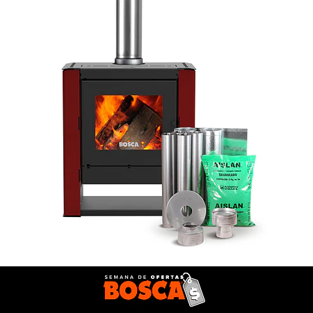 Pack Estufa a Leña Gold 500 Burdeo + kit de Instalación