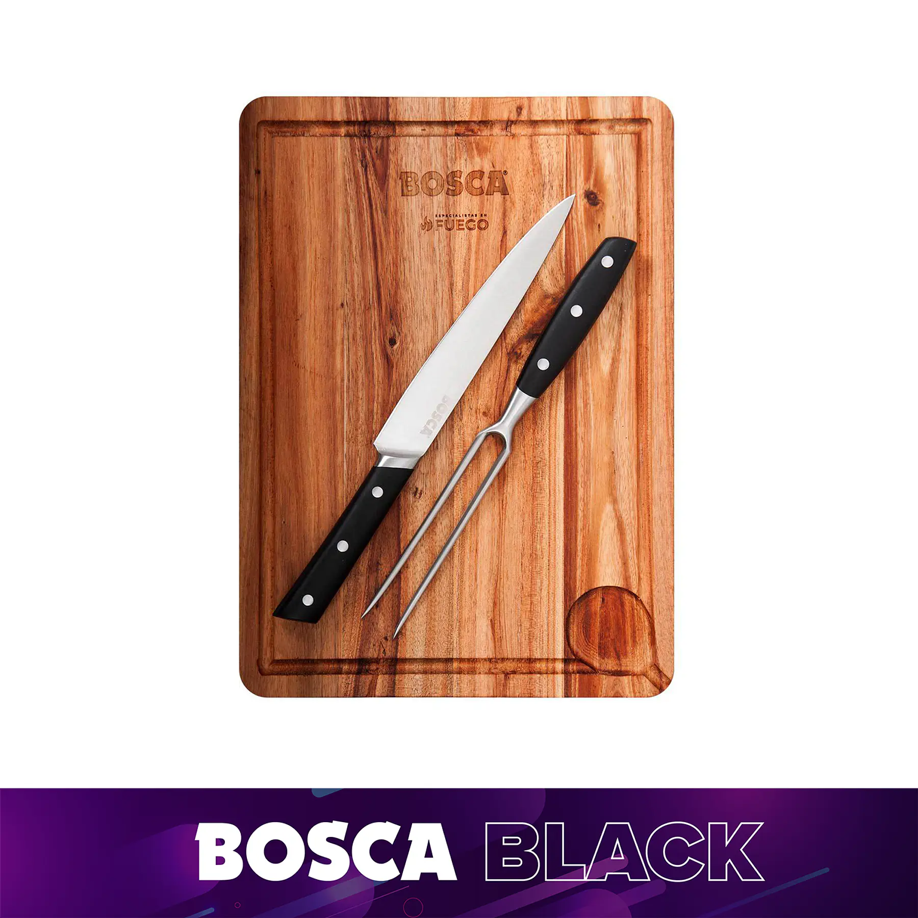 Tabla parrillera + cuchillo y tenedor