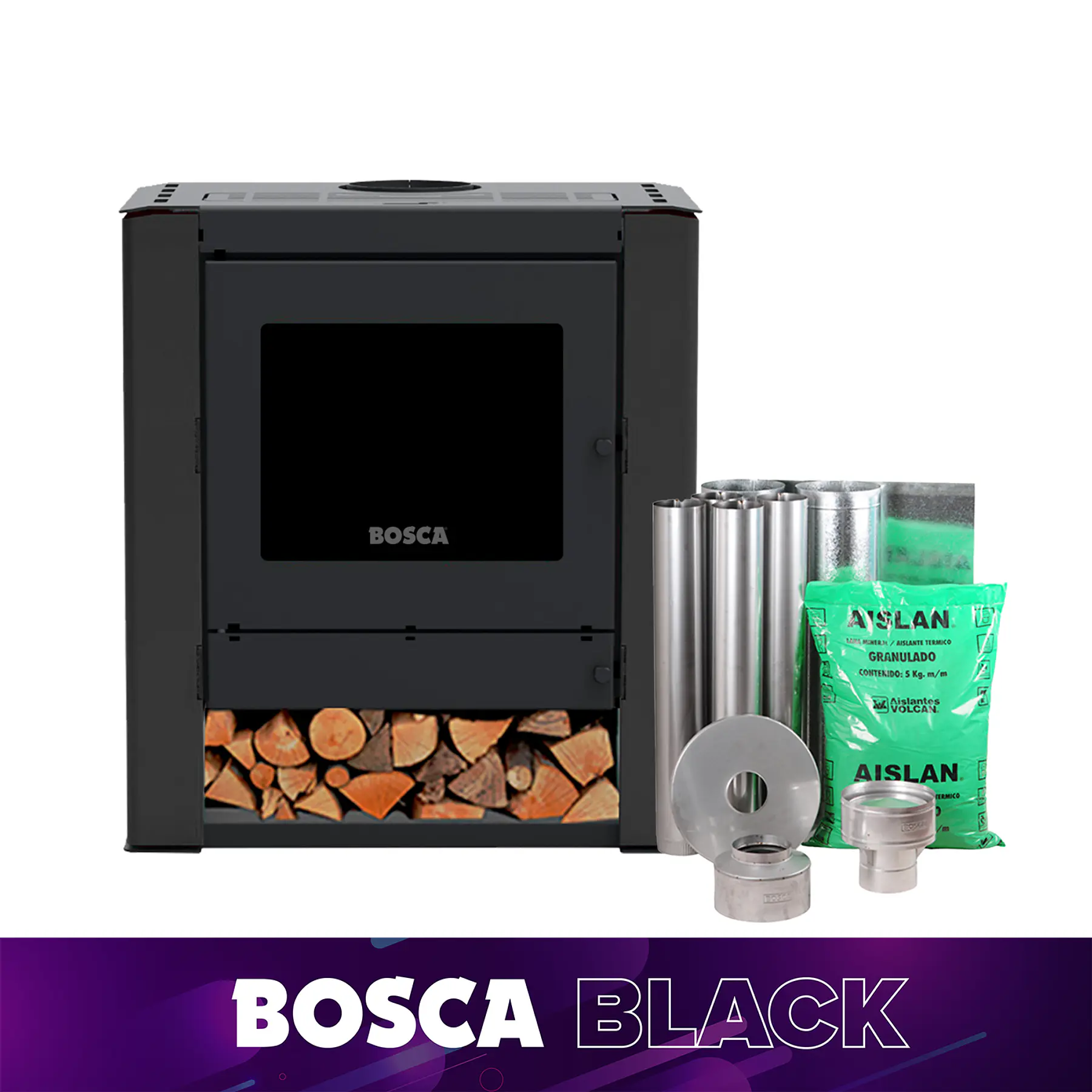 Estufa a leña Gold 500 Black Vision Charcoal + kit de Instalación