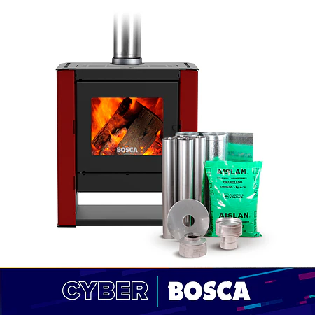 Pack Estufa a Leña Gold 500 Burdeo + kit de Instalación