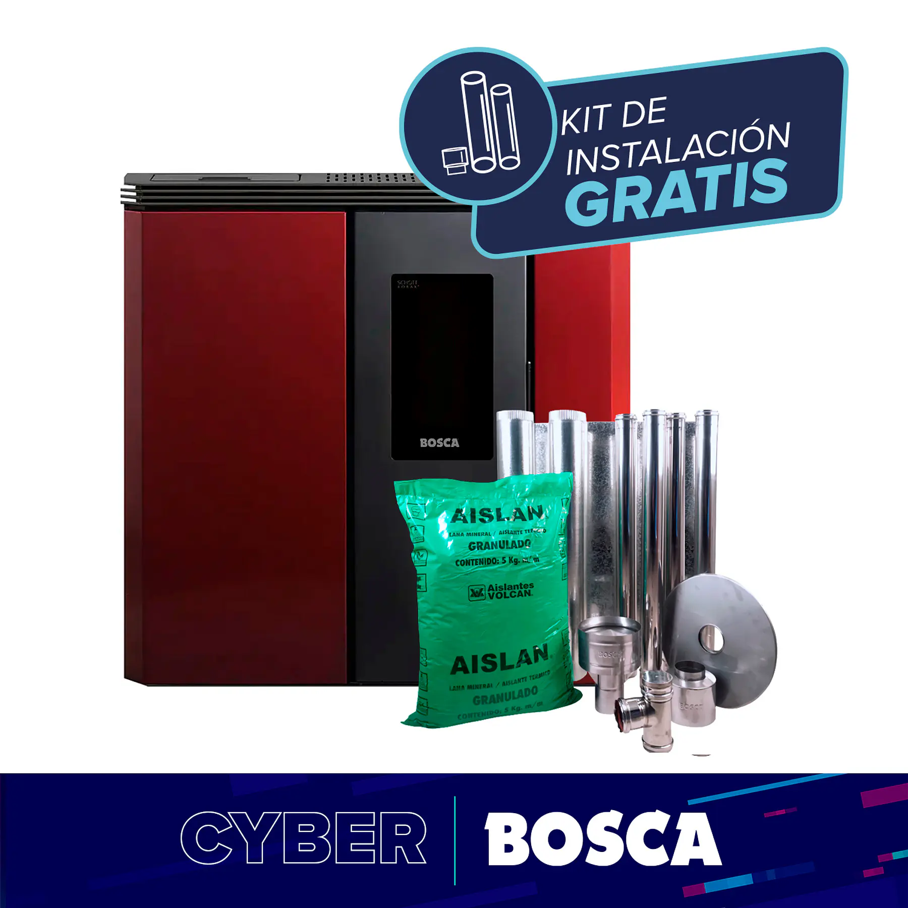 Estufa a pellet de pasillo Black Vision Fit Burdeo + kit de instalación