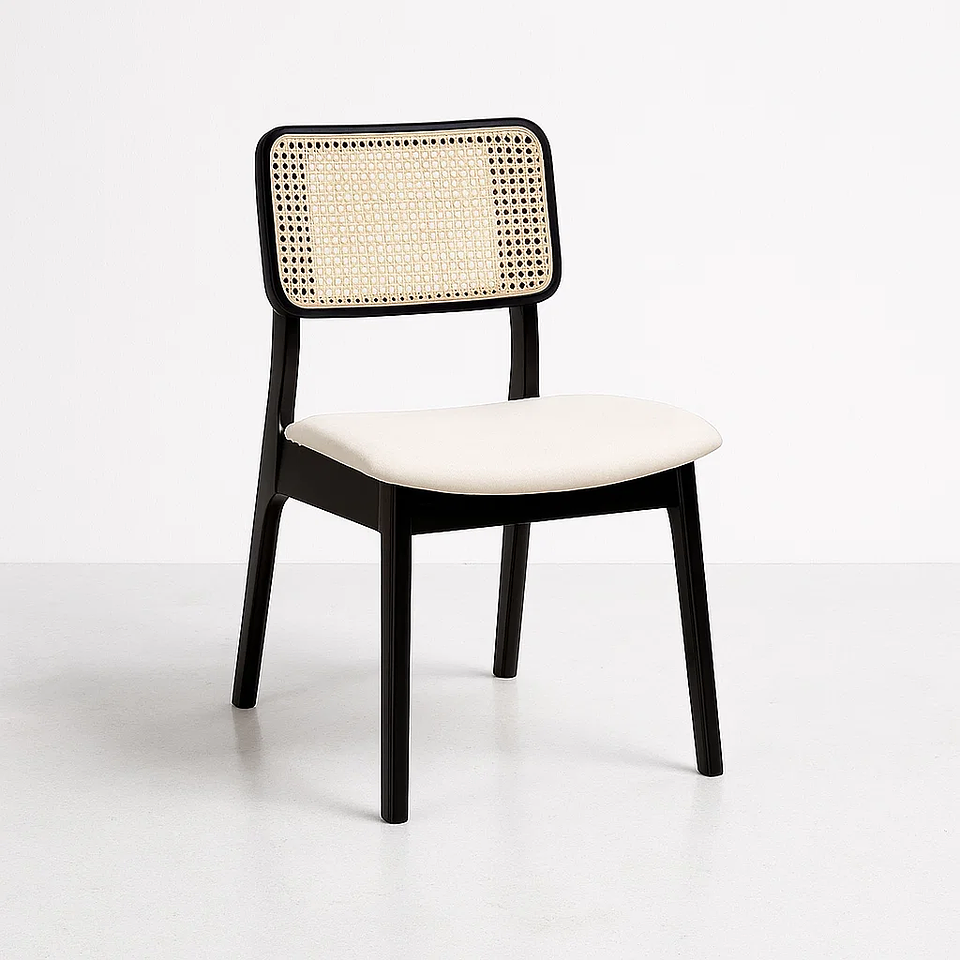 Silla con Respaldo de Ratán y Asiento Tapizado - Beige 快 1