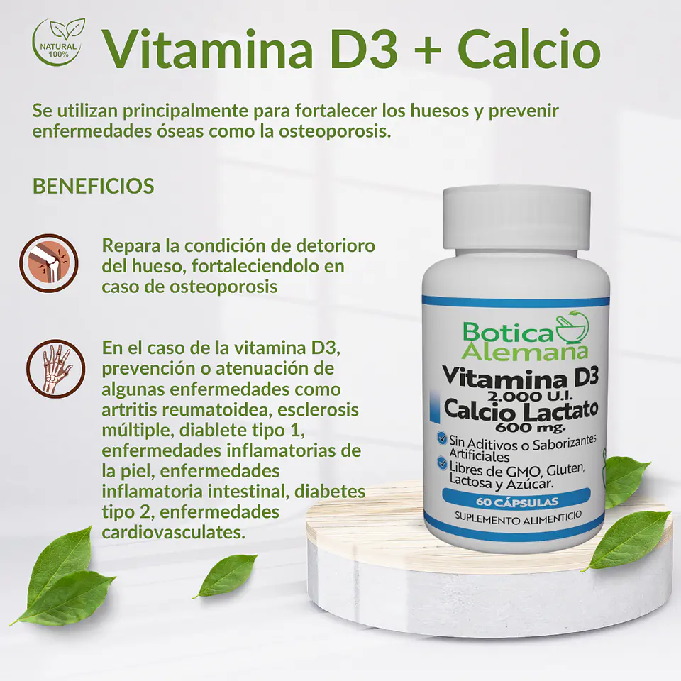 Vitamina D3 2000 UI + Calcio Lactato 600 mg, 60 cápsulas 4