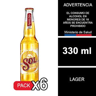 X6 Cerveza Sol Botella 330 cc