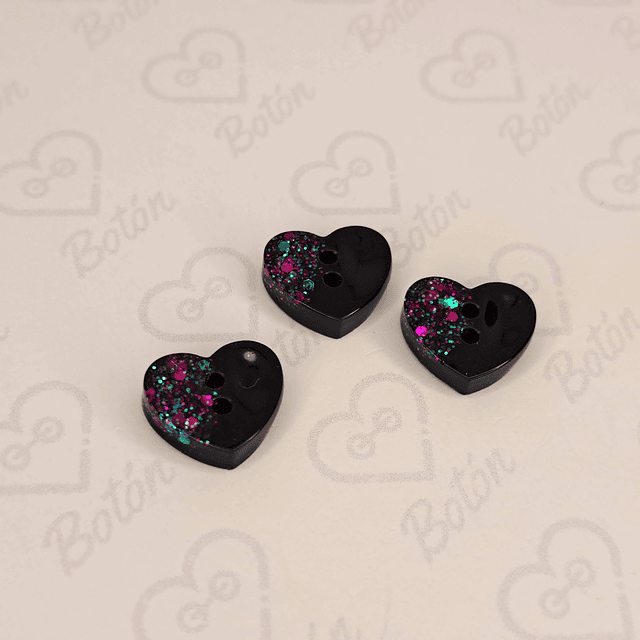 Botón Mini Corazón Negro Glitter 12 mm.