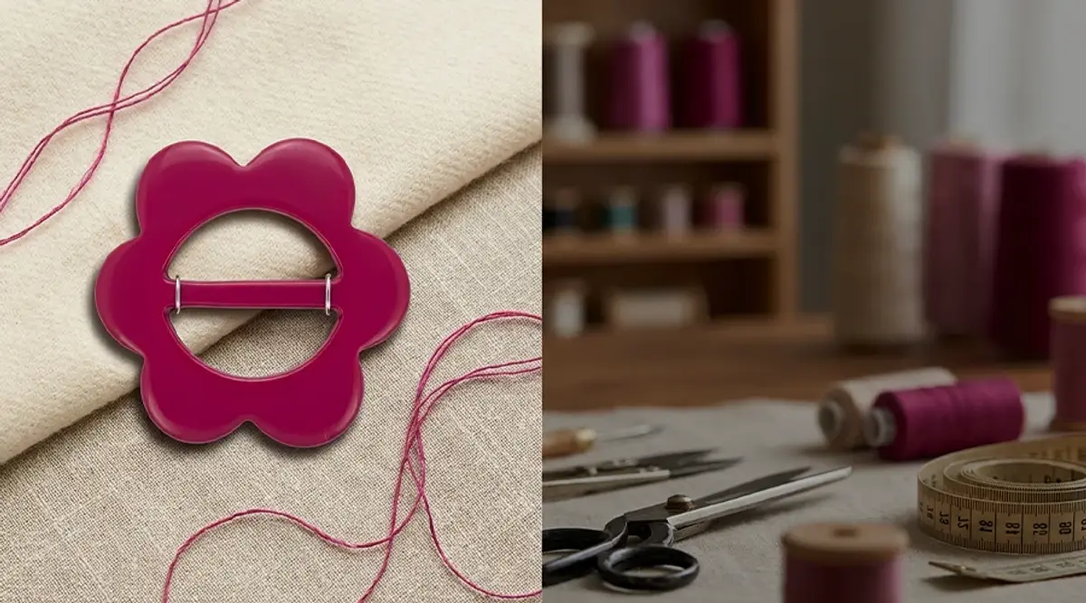Hebilla de poliéster moldeado fucsia con forma de flor para ajuste de fajas y cinturones en botones.cl Chile