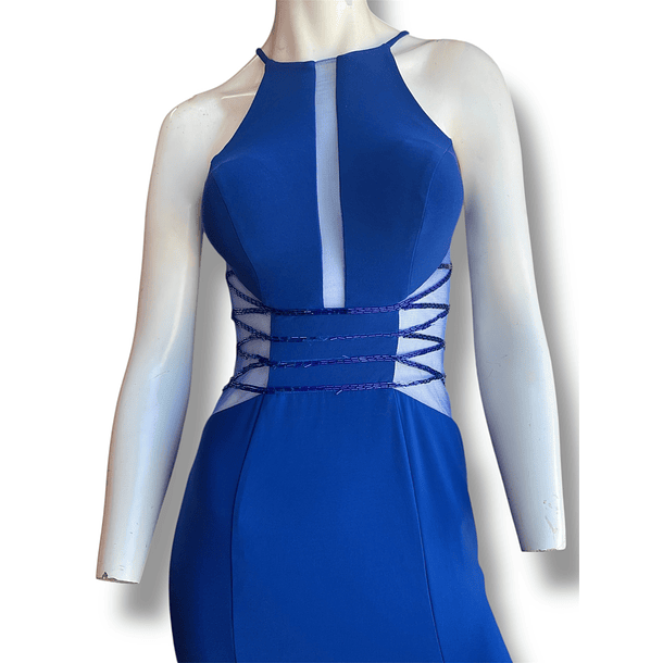 Vestido azul rey transparencias con aplicaciones de mostacillas