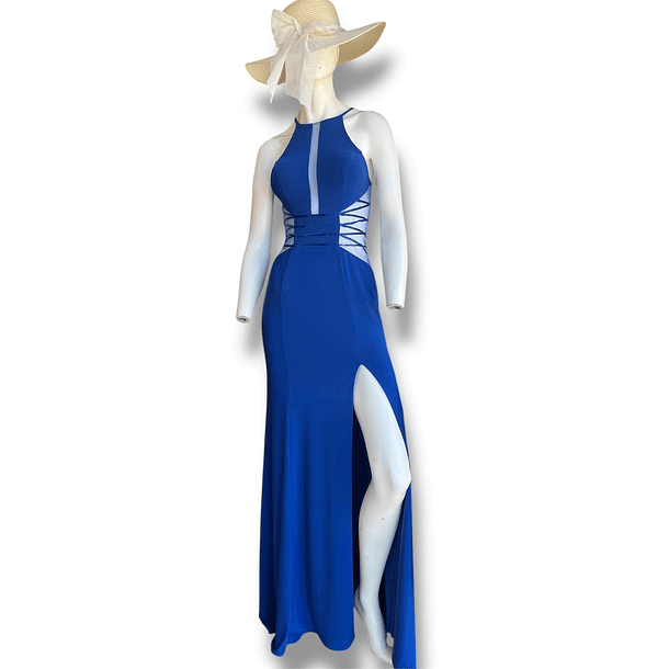 Vestido azul rey transparencias con aplicaciones de mostacillas