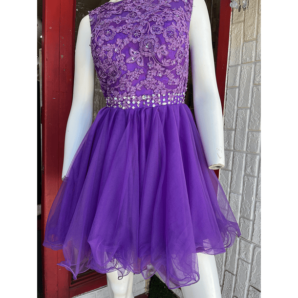 Vestido morado tul con encaje corto 3