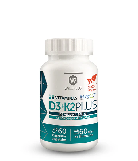 Vitamina D3 + K2 Plus Wellplus – Vitamina D3 Vegana con Vitamina K2 MK-7 | 60 Cápsulas