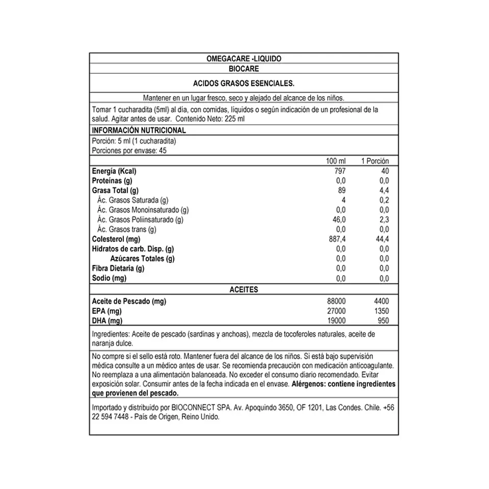 Omega Care Líquido Biocare – Omega 3 Líquido Alta Concentración EPA DHA 225 ml  3