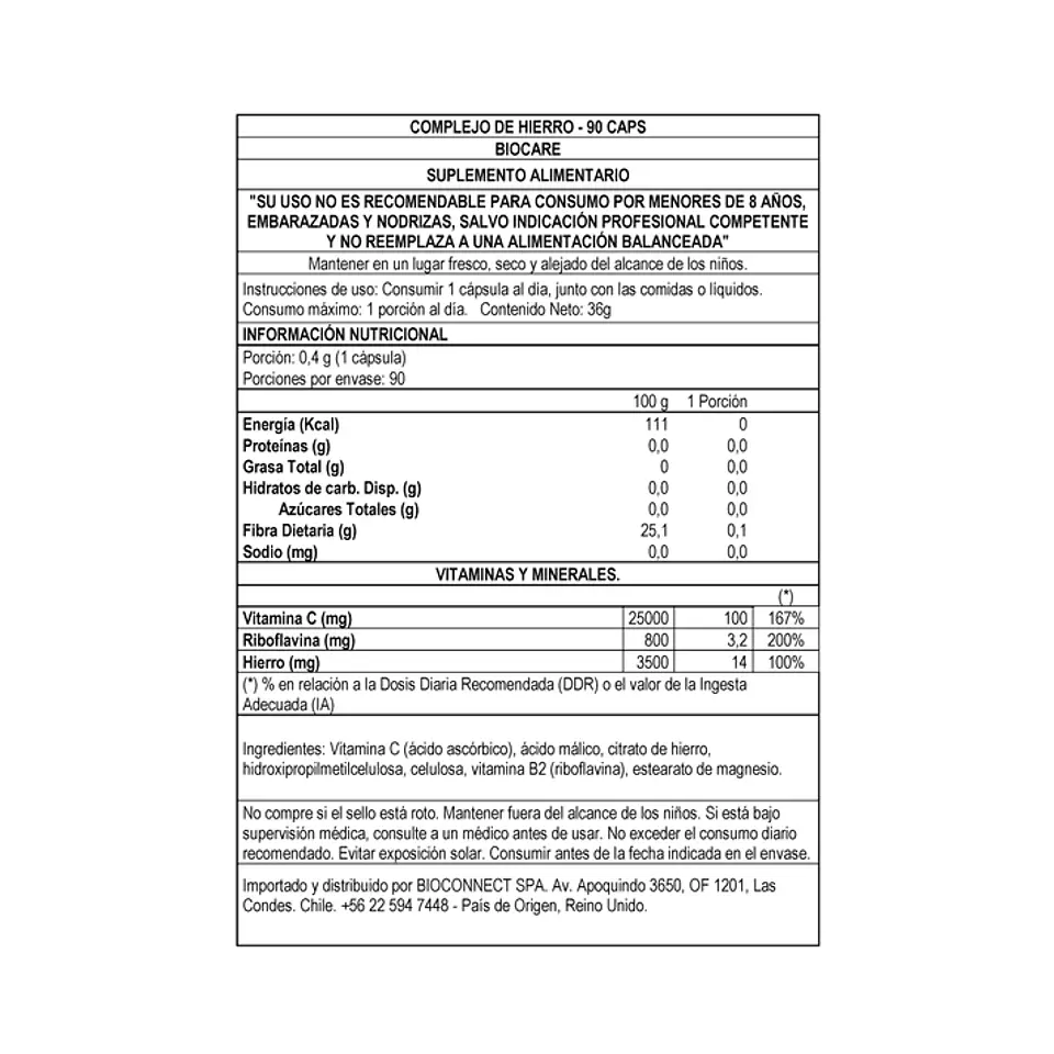 Complejo de Hierro Biocare – Hierro con Vitamina C para Energía y Metabolismo 90 Cápsulas 2