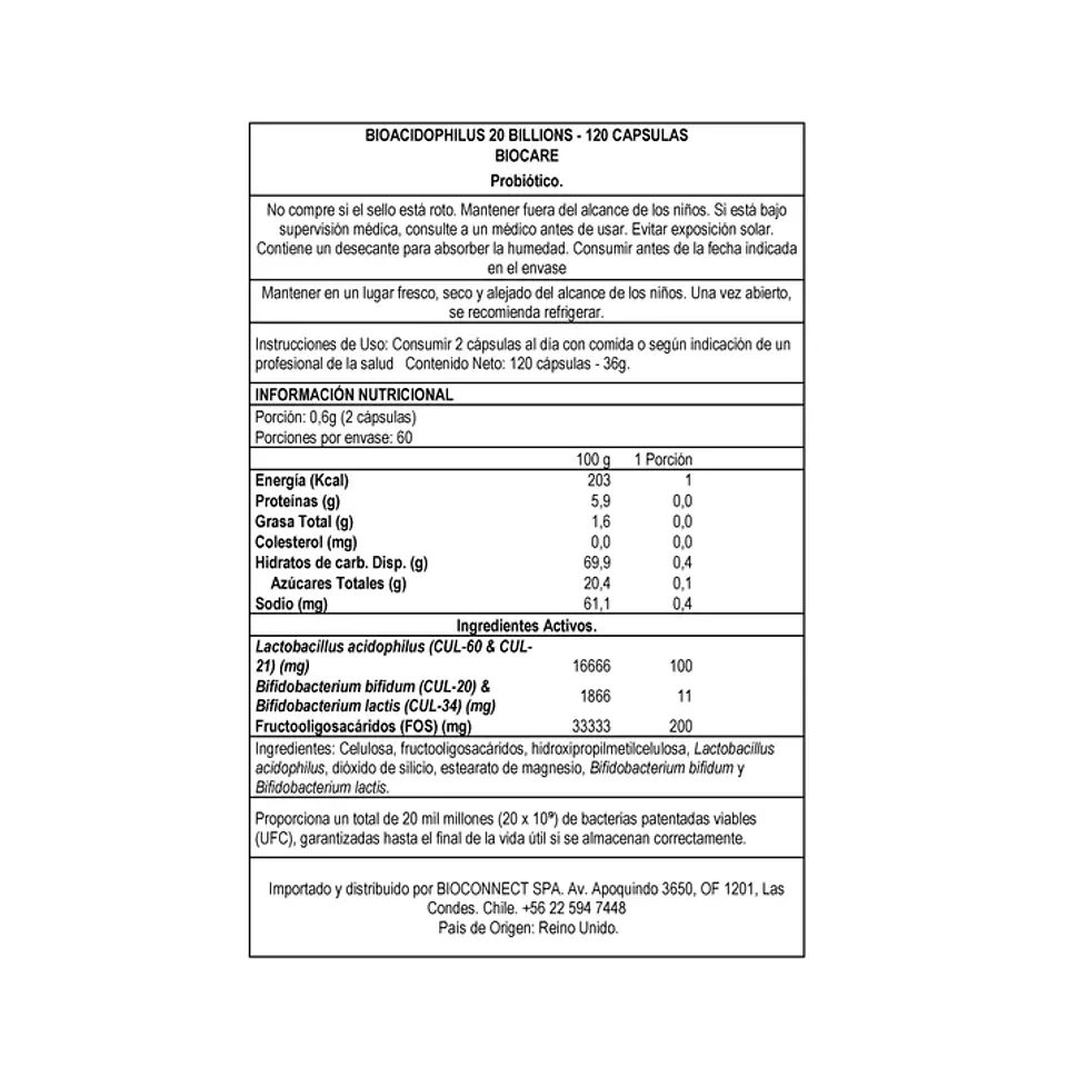 Bioacidophilus 20 Billones 120 Cáp.Biocare 2