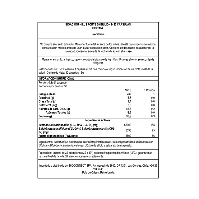 PROBIÓTICOS - BIOACIDOPHILUS FORTE 30 BILLONES 30 CÁPSULAS