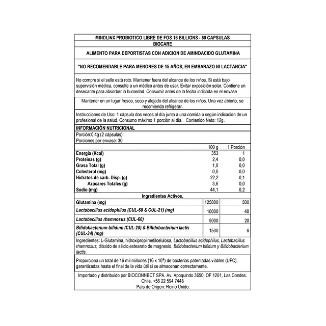 PROBIÓTICOS - MINDLINX (LIBRE DE FOS) CON GLUTAMINA Y RHAMNOSUS 60 CÁPSULAS