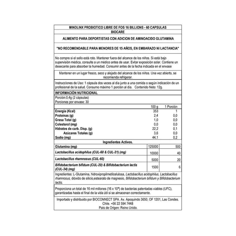 Mindlinx Probióticos con Glutamina Biocare – 16 Billones UFC Libre de FOS 60 Cápsulas 2