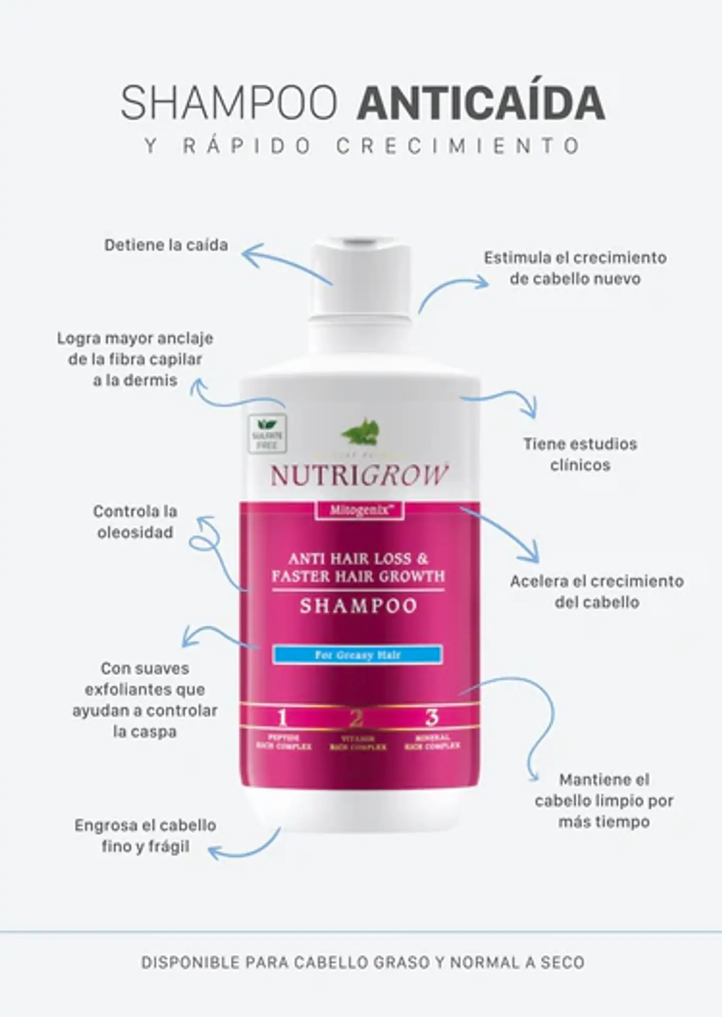 SHAMPOO ANTICAÍDA CABELLO GRASO NUTRIGROW  ¿Preocupado por la caída del cabello y buscas una solución efectiva y respaldada por la ciencia? 2