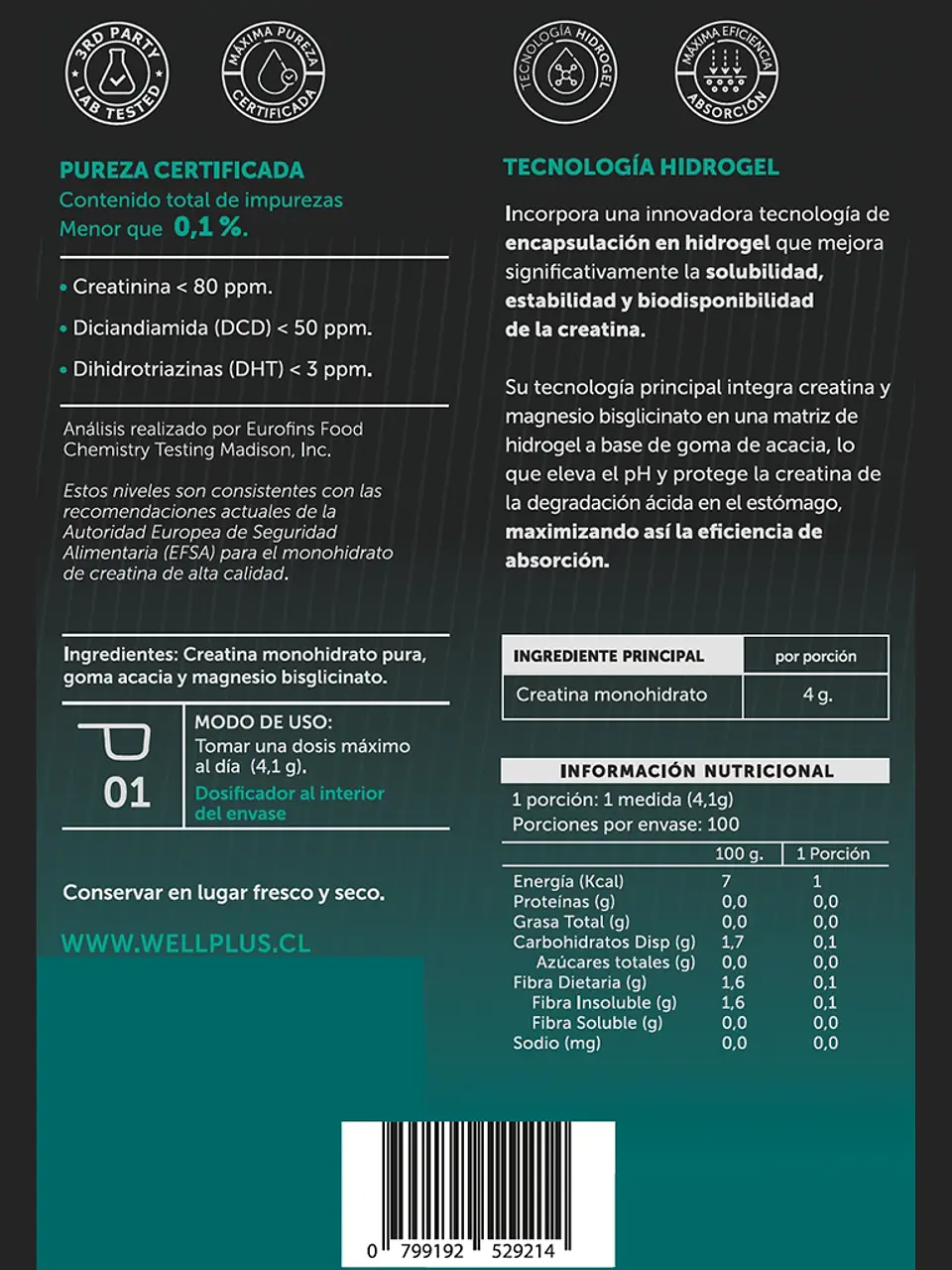 Creatine Plus Wellplus Sport – Creatina Monohidrato Micronizada con Tecnología Hydrogel 410 g 2