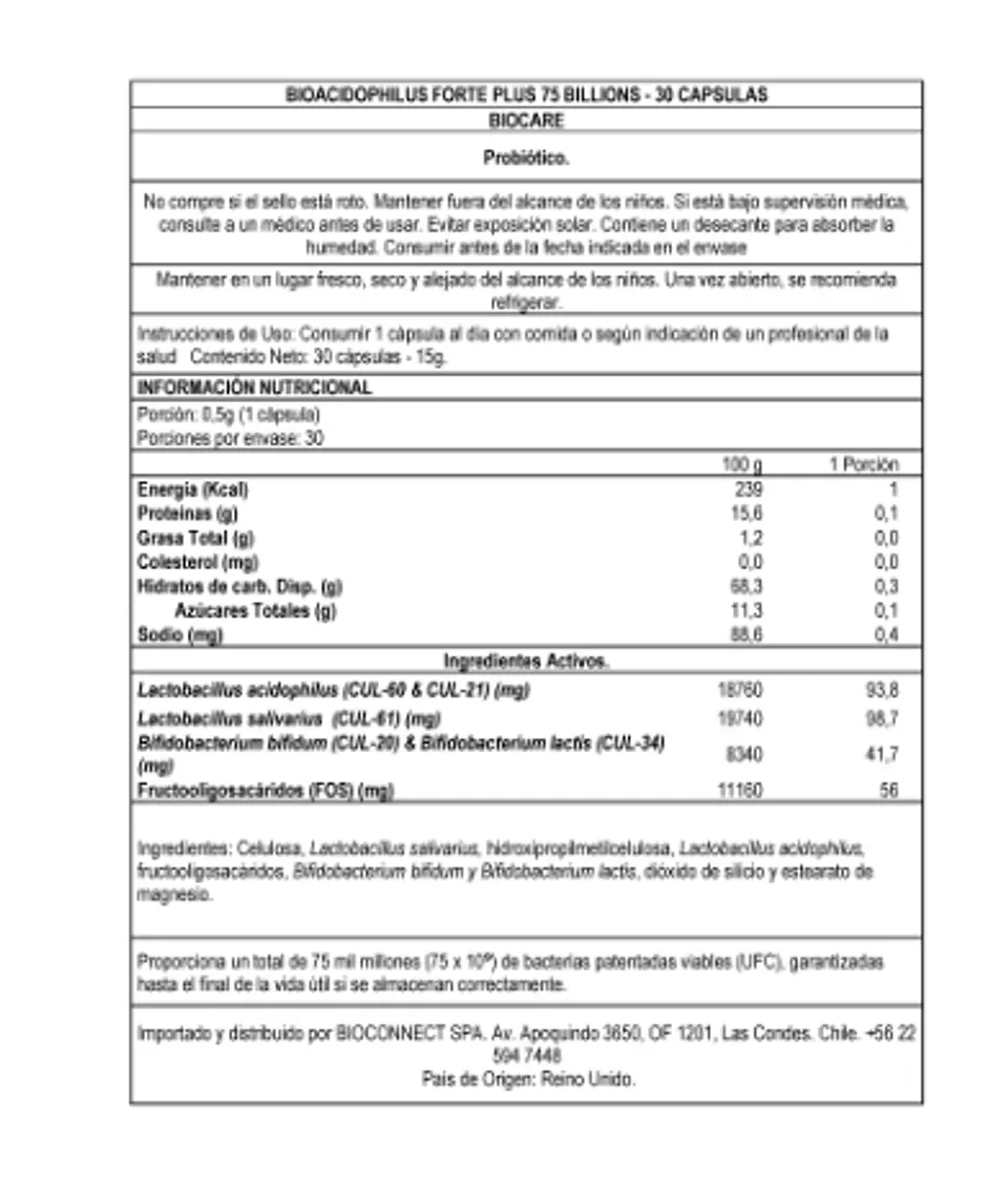 Bioacidophilus Forte Plus 75 Billones 30 Cáp Biocare 3