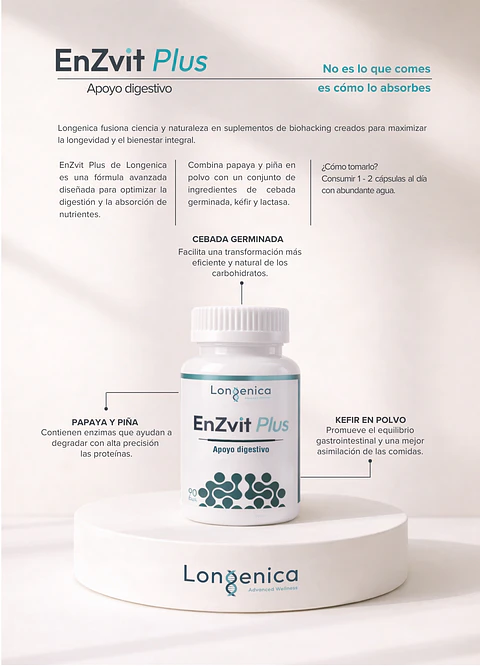 EnZvit Plus 90 Cápsulas Longénica | Enzimas Digestivas Naturales con Papaya, Piña, Kéfir y Lactasa