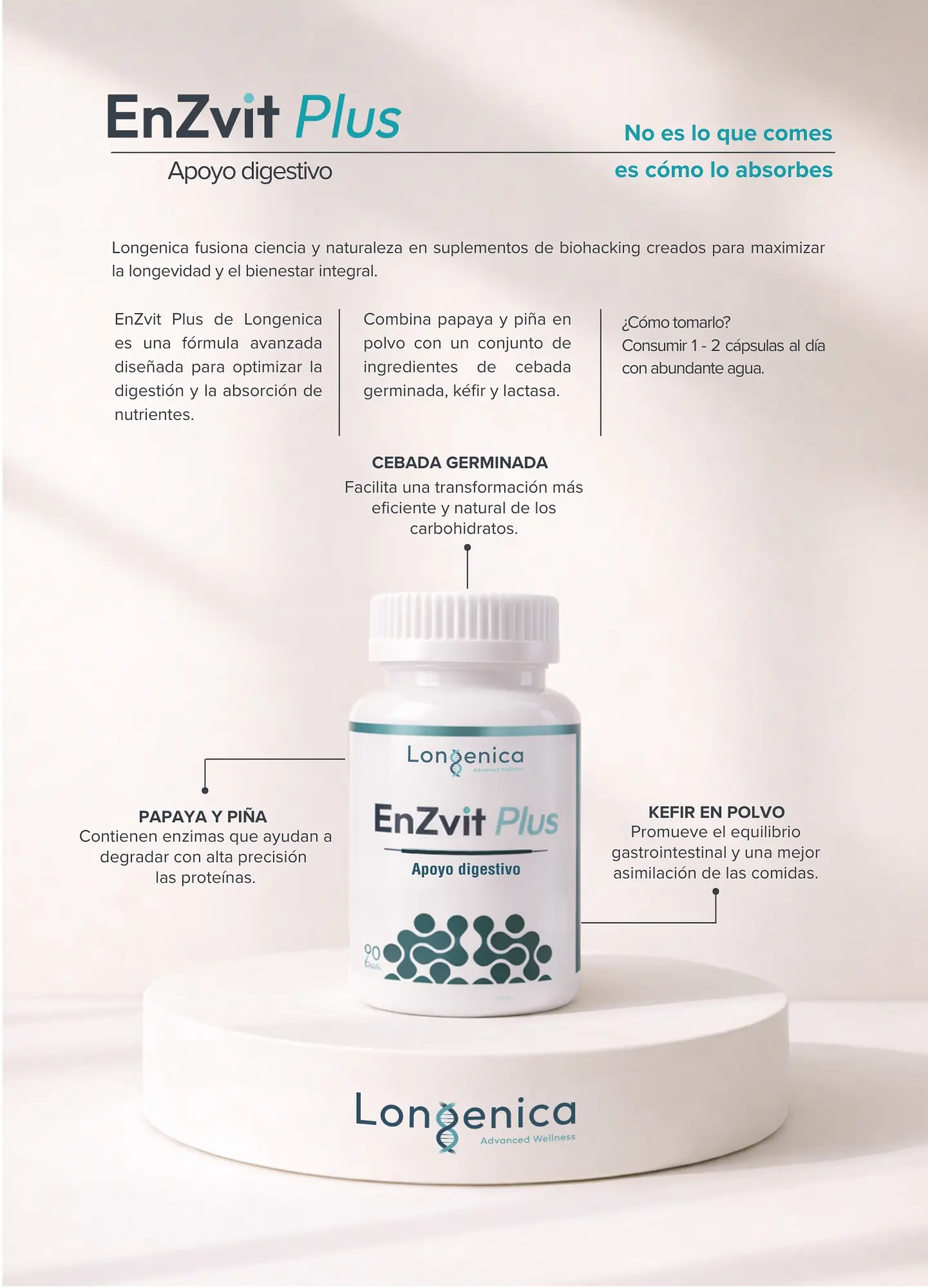 EnZvit Plus 90 Cápsulas Longénica | Enzimas Digestivas Naturales con Papaya, Piña, Kéfir y Lactasa 1