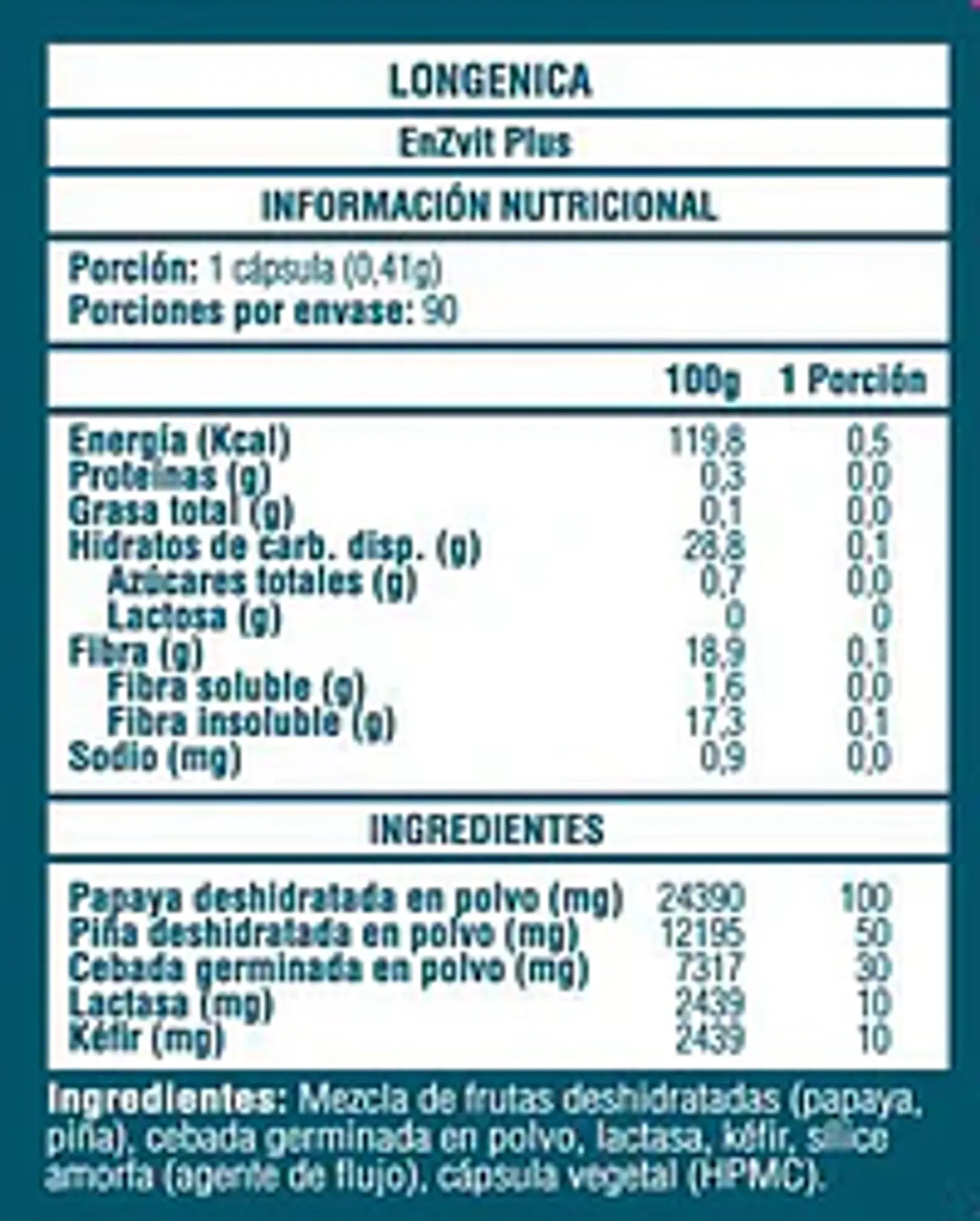 EnZvit Plus 90 Cápsulas Longénica | Enzimas Digestivas Naturales con Papaya, Piña, Kéfir y Lactasa 3