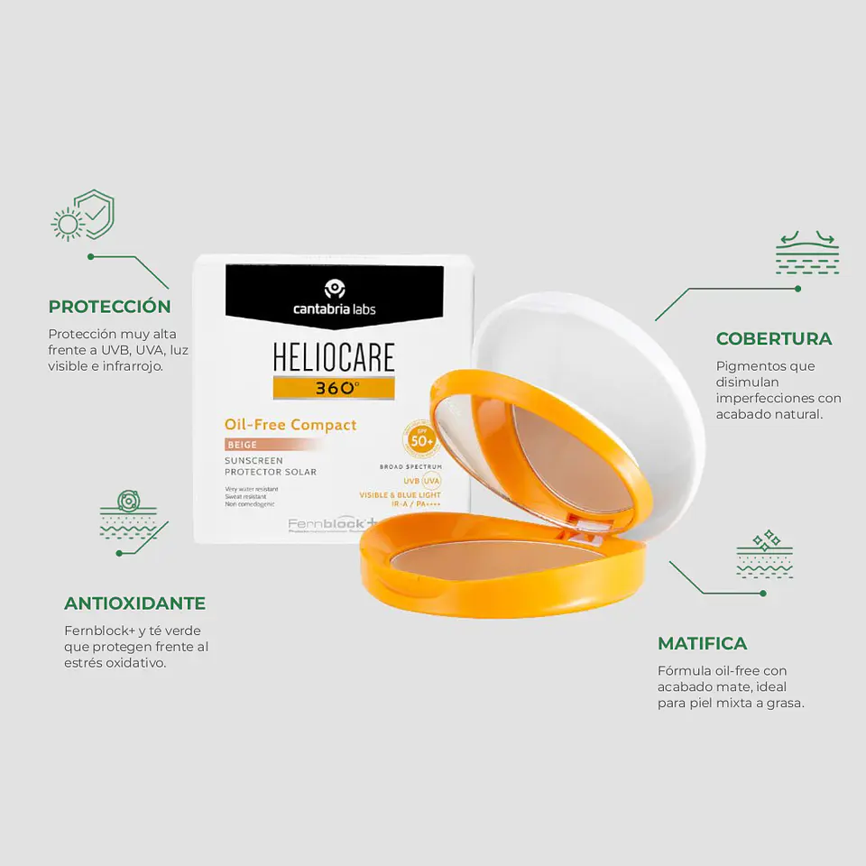 Heliocare 360 Oil-Free Compact Beige SPF50+ – Fotoprotección con Color Natural y Acabado Mate 2