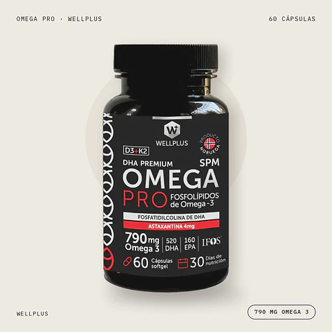 Omega Pro  60 cápsulas DHA, Fosfolípidos, Astaxantina, Vitamina D3 y K2 Wellplus