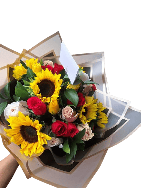 Bouquet De 5 Girasoles Con 18 Rosas Surtidas