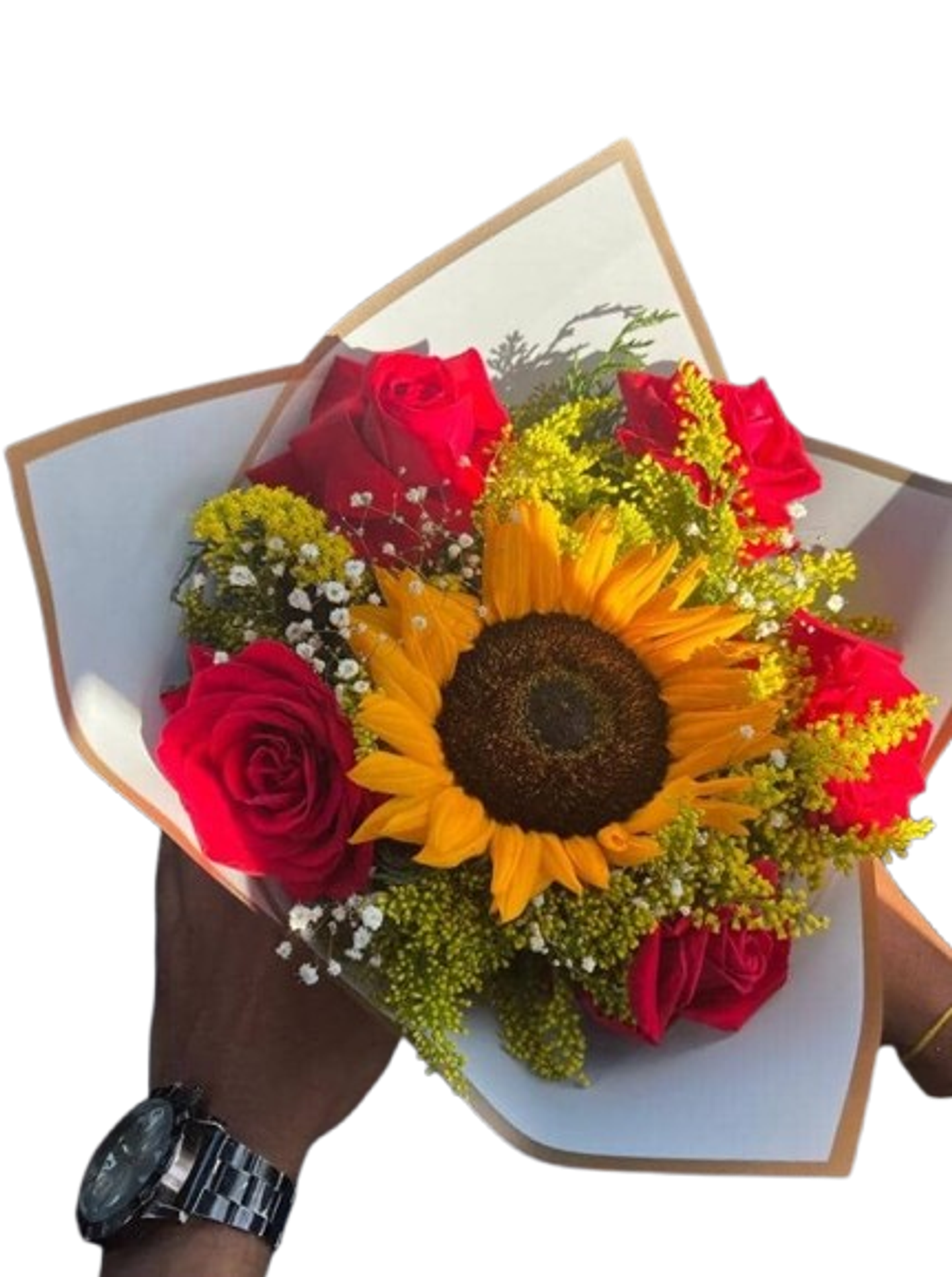 Bouquet De 6 Rosas Rojas Con Girasol 1