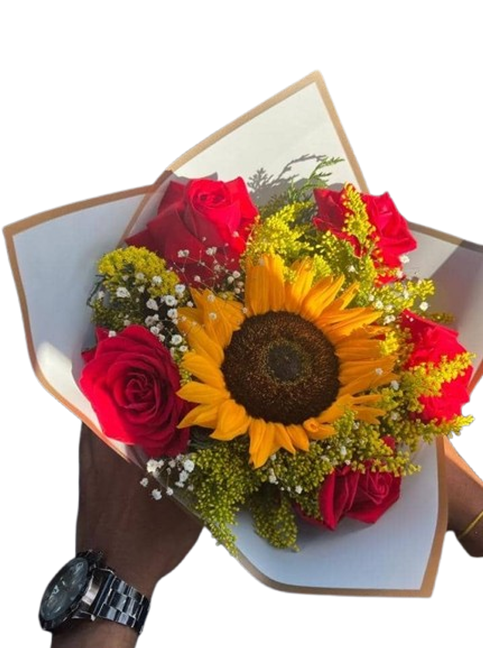 Bouquet De 6 Rosas Rojas Con Girasol 1