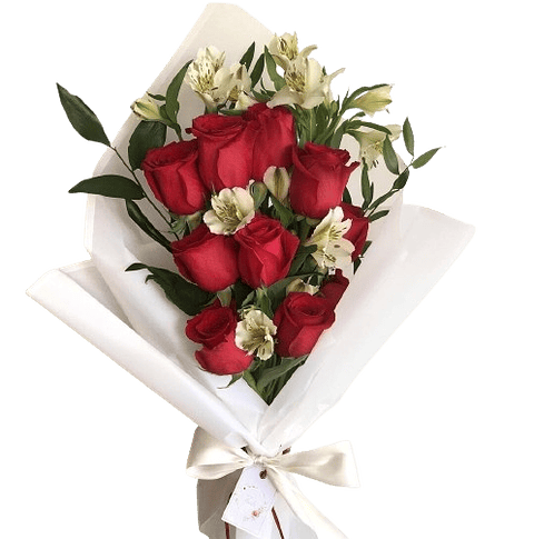 Bouquet De 12 Rosas Rojas Con Astromelia