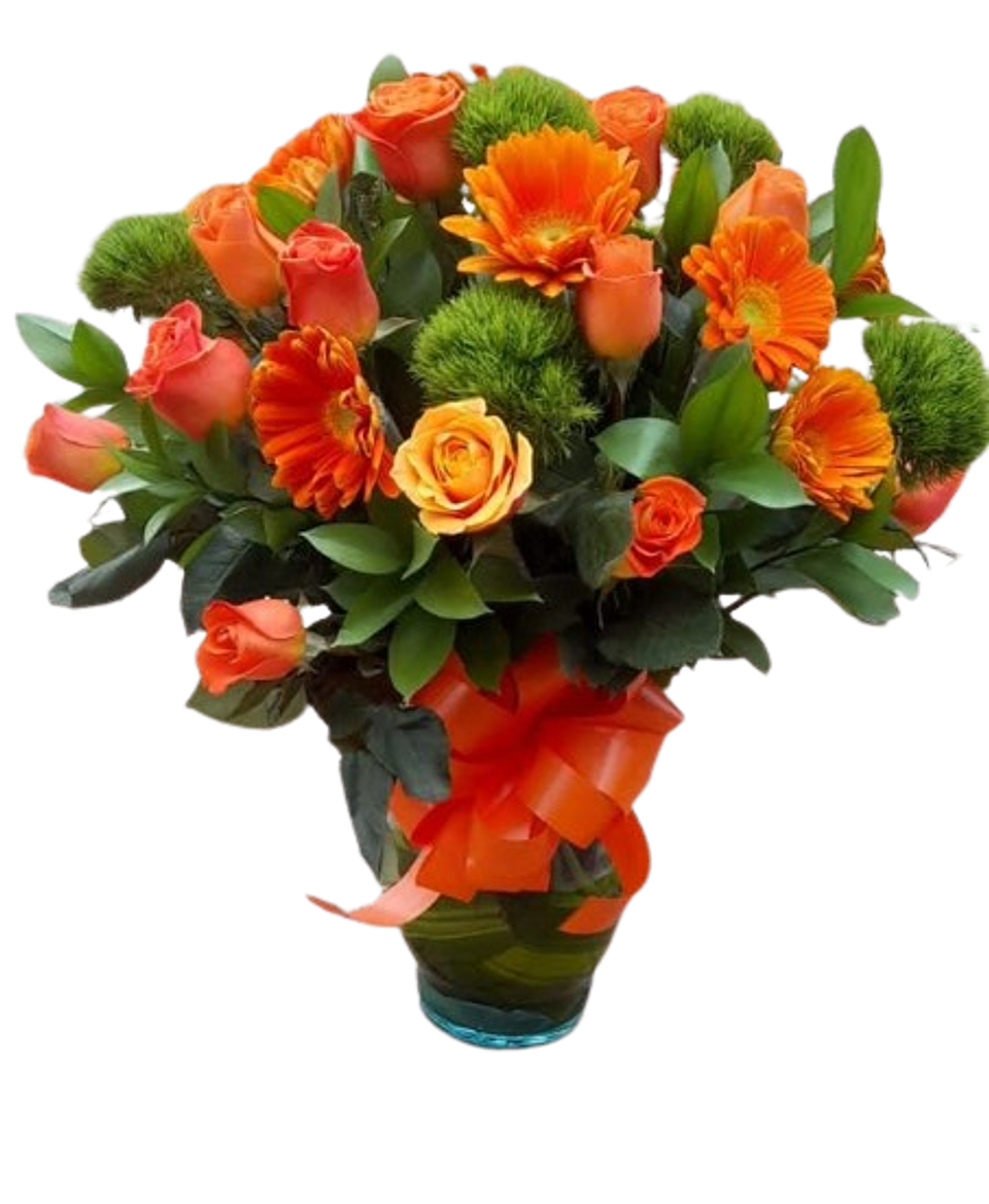 Jarron De 15 Rosas Naranjas Con Gervera 1