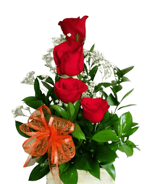 Arreglo Pequeño De 4 Rosas Rojas Y Follaje