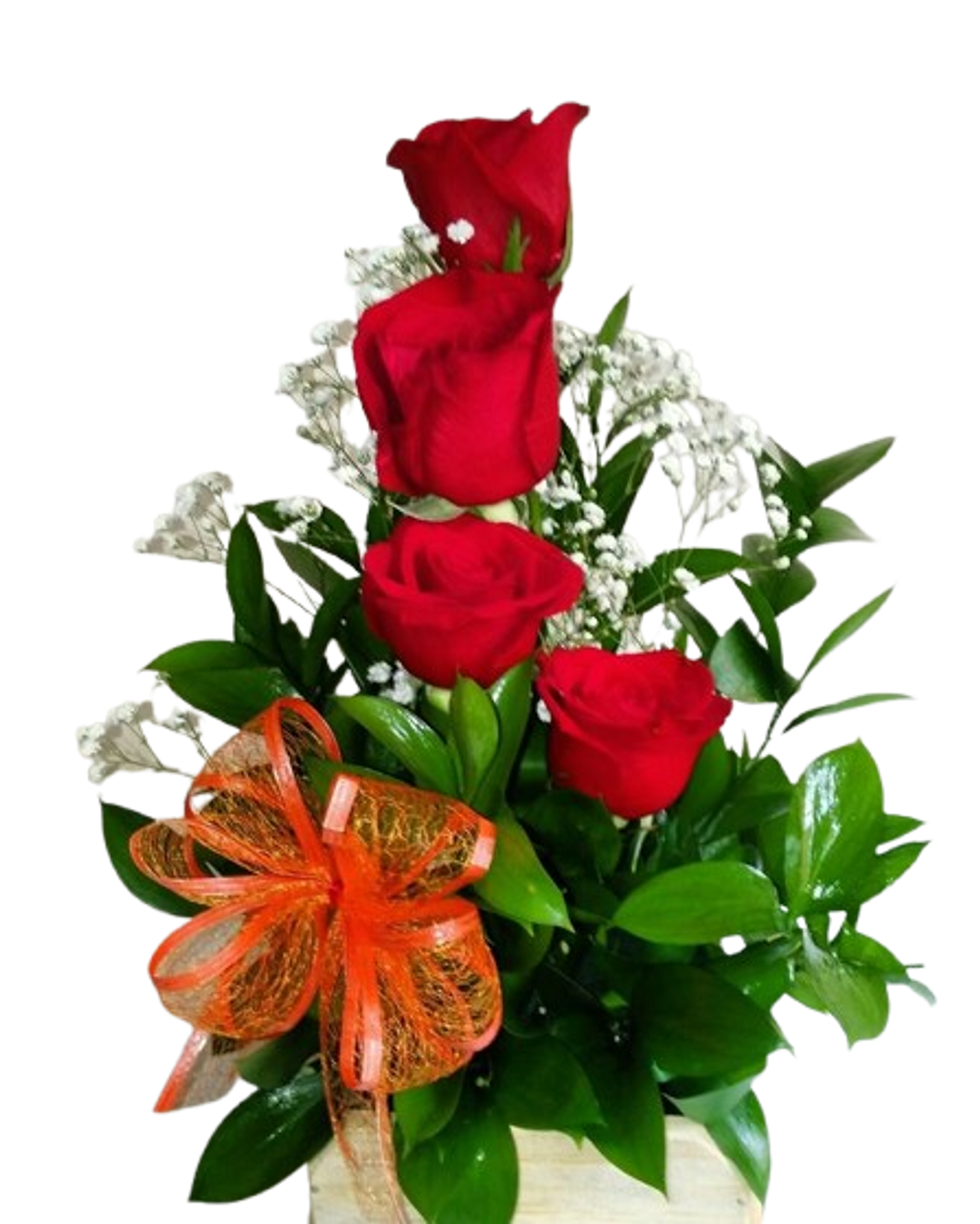 Arreglo Pequeño De 4 Rosas Rojas Y Follaje 1