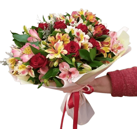 Bouquet De 12 Rosas Rojas Y 20 Astromelia