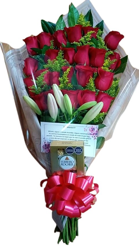 Bouquet De 24 Rosas Rojas Con 2 Lirios